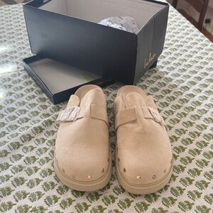 Lulu's Beige Suede Clogs with Gold Details